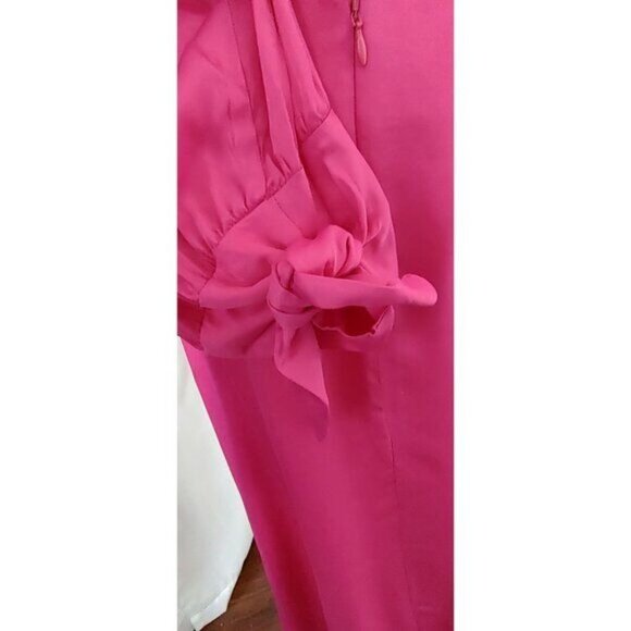 Farm Rio Maxi Dress Cut Out Satin Pink L Shoulder Pad Long-Sleeve Cocktail - Picture 12 of 16